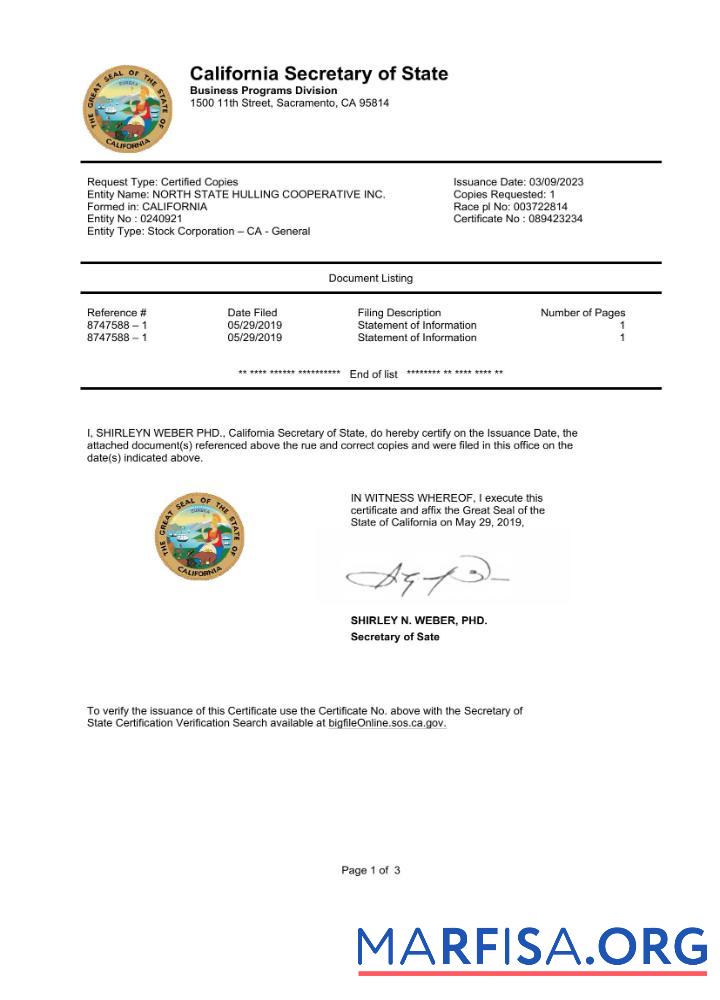 Printable USA California State Document Autentication certificate Word and PDF template